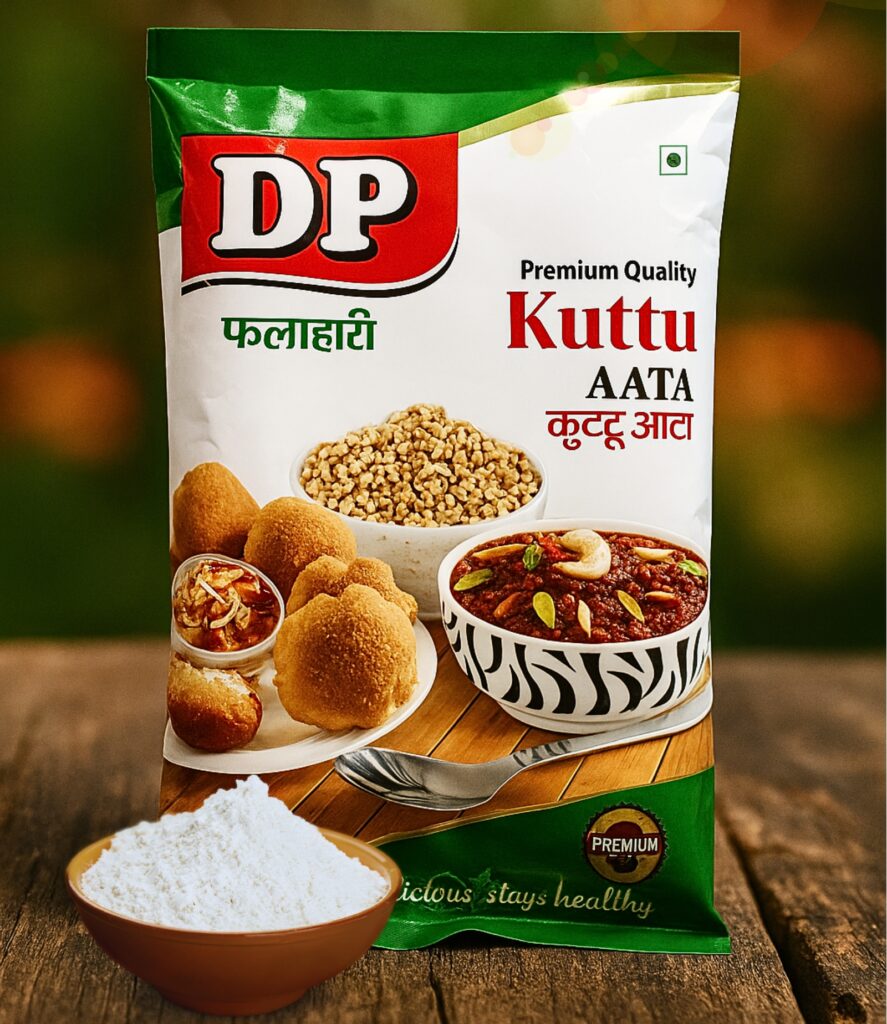 Pack of DP Kuttu Atta (buckwheat flour), 250 g, featuring a bowl of fine flour and prepared dishes like kuttu ke pakore and puris.