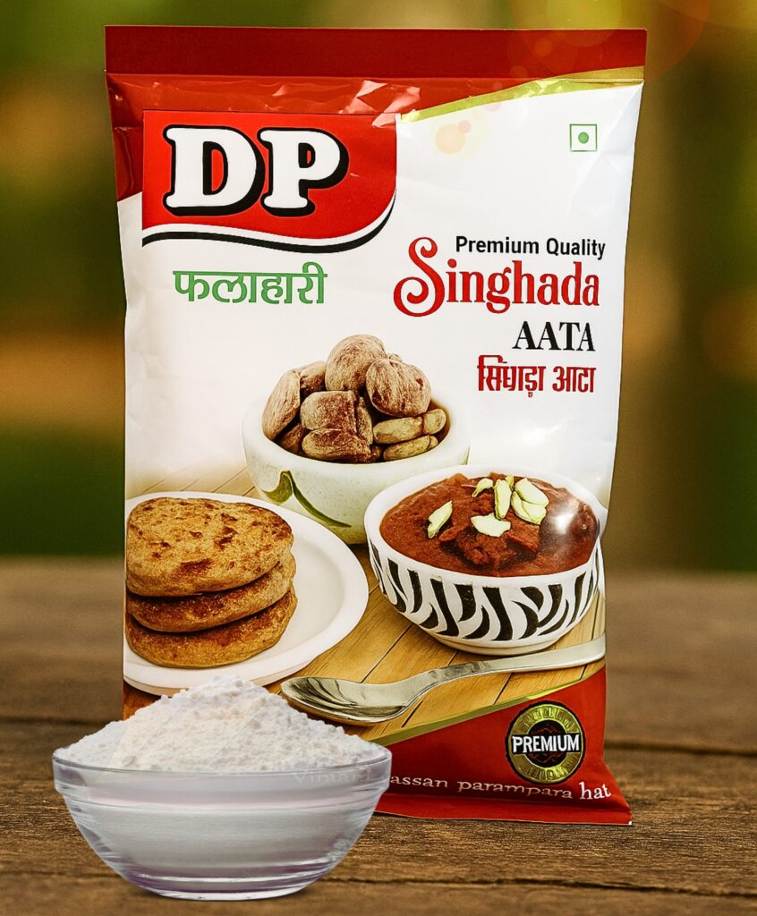Pack of DP Pure Singhada Flour (250 g) with a bowl of trishul-coated flour and sabudana khichdi in the background